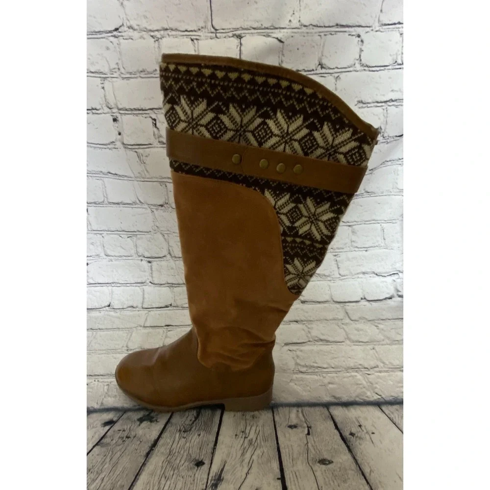Womens‎ Knee High Boots EU 37 US 6.5 Brown Fair Isle Side Zip Faux Suede Riding